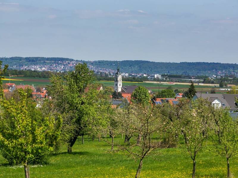 Ein Dorf mit einer Kirche in der Mitte liegt umgeben von Bäumen und Wiesen im Vordergrund, während sich im Hintergrund eine hügelige Landschaft erstreckt.