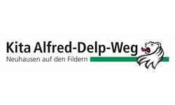 Das Bild zeigt einen Schriftzug "Kita Alfred-Delp-Weg Neuhausen auf den Fildern" mit einem stilisierten Löwenkopf daneben.
